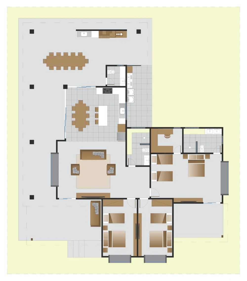 Planta baixa da casa: varanda e mesa grande à esquerda, cozinha com ilha e lavabo ao centro, sala de estar, suíte com closet e banheiro, dois dormitórios e escritório à direita