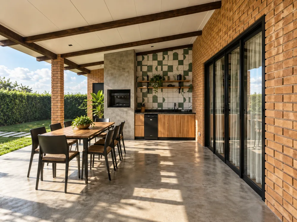 Área gourmet coberta com mesa para oito lugares, bancada e churrasqueira, aberta para o jardim