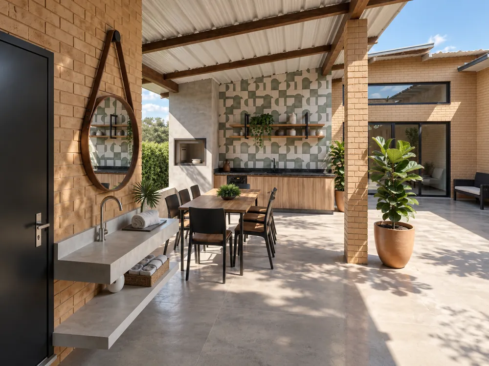 Bancada da área gourmet com revestimento em xadrez verde, mesa de refeições e grandes aberturas