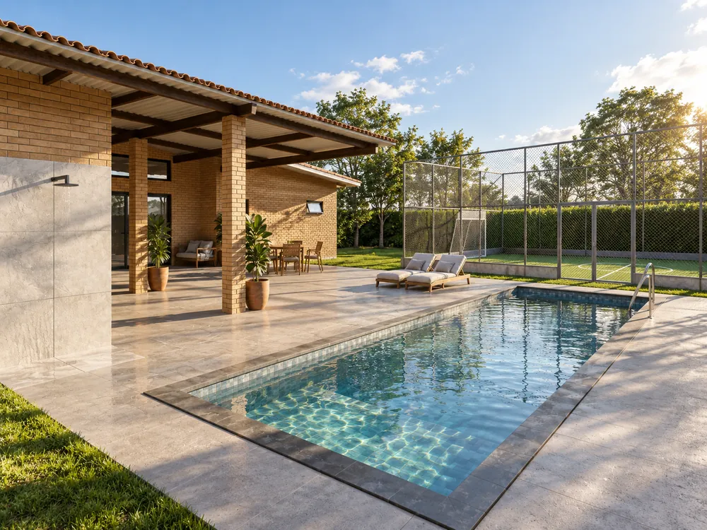 Piscina com deck coberto, espreguiçadeiras e área de estar ao ar livre