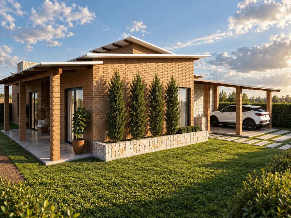 Jardim lateral com caminho pavimentado e vegetação junto à fachada