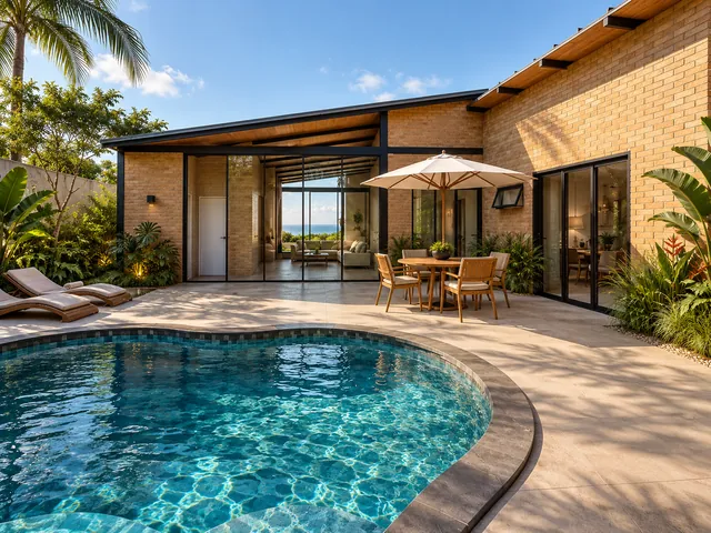 Piscina em curva diante da sala envidraçada, com espreguiçadeiras, mesa com guarda-sol e paredes de tijolo ecológico