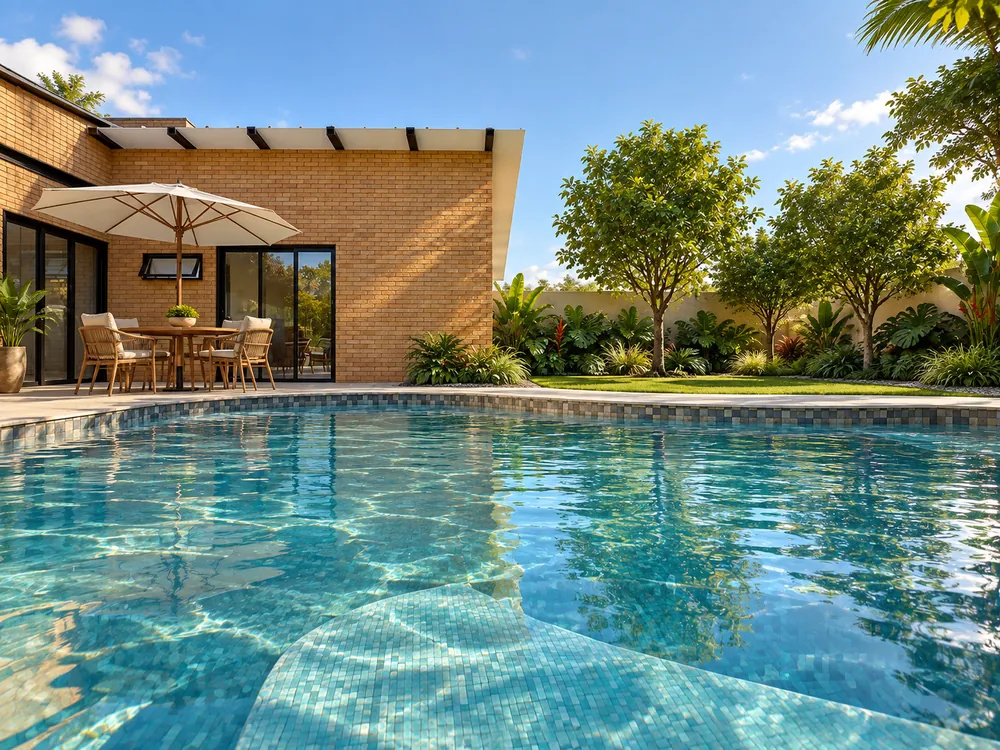 Detalhe da piscina com pastilhas em tons de azul e verde, com a mesa externa e a parede de tijolo ao fundo