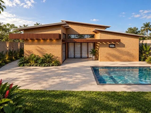 Casa Elo ao entardecer: volumes térreos em tijolo ecológico aparente, marquises amadeiradas, portas envidraçadas e a piscina diante da área social