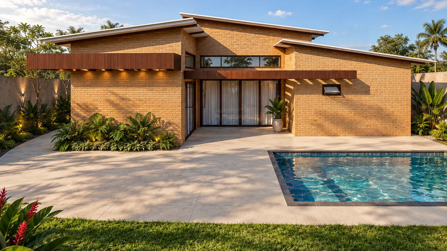 Casa Elo: fachada térrea em tijolo ecológico aparente com marquises amadeiradas, portas envidraçadas e piscina diante da área social