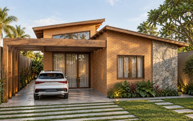 Casa Horizonte ao entardecer: volume em tijolo ecológico com cobertura inclinada, pergolado de madeira sobre a vaga coberta e jardim tropical