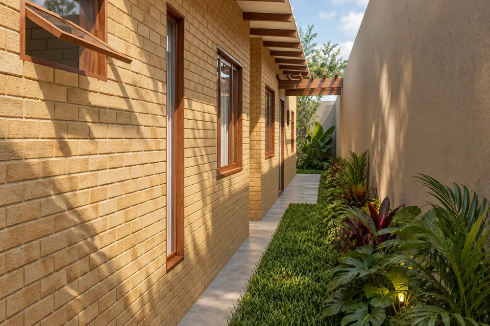 Lateral da casa com janelas em alturas diferentes, pergolado de madeira ao fundo e canteiro tropical ao longo do muro
