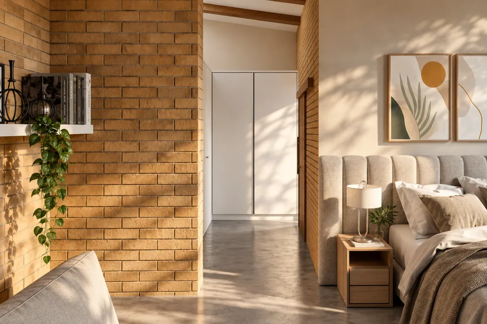 Quarto com parede de tijolo aparente, armários brancos ao fundo, quadros e luminária de mesa