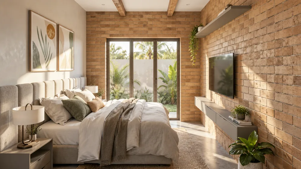 Quarto com porta de vidro voltada para o jardim, televisão sobre a parede de tijolo e vegetação do lado de fora