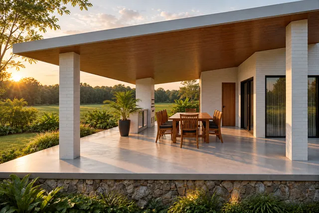 Varanda gourmet com forro de madeira, pilares de tijolo claro, mesa longa e vista aberta para o campo ao entardecer