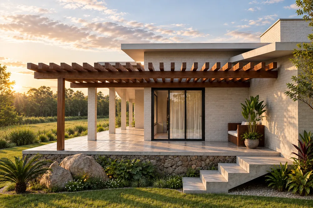 Pérgola de madeira sobre o deck de piso claro, embasamento em pedra natural e escada de concreto para o jardim