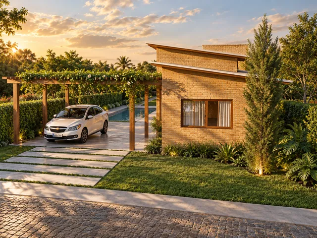 Chegada da Casa Vieira ao entardecer, com a garagem sob pergolado coberto de vegetação, a piscina ao fundo e o volume de tijolo com um cipreste ao lado