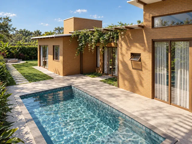 Piscina retangular com pastilhas azuis junto às portas de vidro da casa, com o gramado e o caminho para o fogo de chão ao fundo